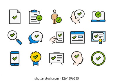 Approve and quality color line icons. Checkmark and confirmation vector linear colorful icon set. Isolated icon collection on white background.