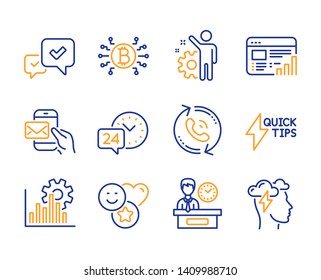 Approve, Quickstart guide and Web report icons simple set. Call center, 24h service and Employee signs. Smile, Seo graph and Bitcoin system symbols. Line approve icon. Colorful set. Editable stroke