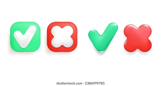 Approve and reject 3d buttons, right and wrong glossy icons. Consent and refusal symbols of acceptance, rejection.