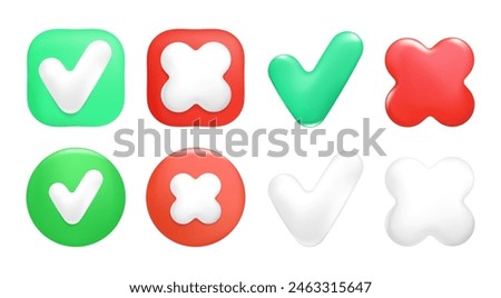 Approve and reject 3d buttons, right and wrong glossy icons. Consent and refusal symbols of acceptance, rejection.