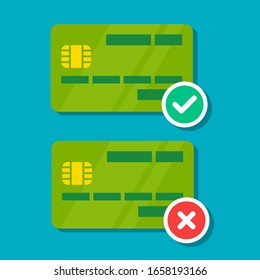 Genehmigen und ablehnen Sie das Design der Visitenkarten-Vektorillustration. Finanzsicherheits-Transfer-Check.