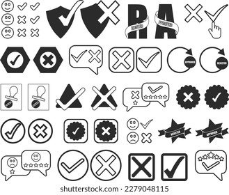 Genehmigen und ablehnen Sie Symbol-Set, markieren Sie Symbol-Set schwarze Vektorgrafik 