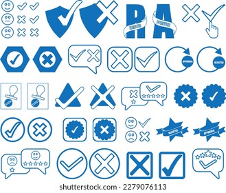 Icon-Set genehmigen und ablehnen, Markierungssymbol markieren Blau-Vektorsymbol markieren 
