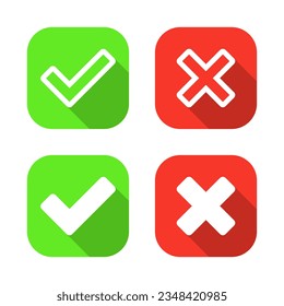 Approve and reject icon vector. Checkmark and x cross mark in square background