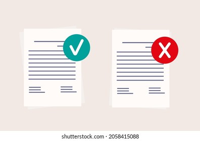 Genehmigen oder abgelehnten Formular. Satz bestätigter, abgelehnter und überprüfter Papierdokumente mit Prüfzeichen und Kreuz. Seite, Bericht, Checkliste oder Aufgabe. Genehmigung, Validierung des Anfrageformulars. Vektorgrafik