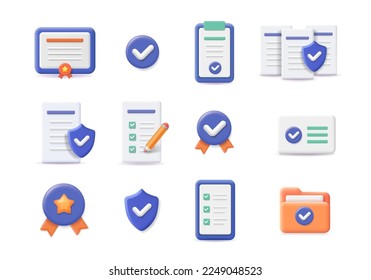 Approve Related 3d Icons set. Quality guarantee certificate symbol. Protection Guarantee, Document agreeing, Quality Check