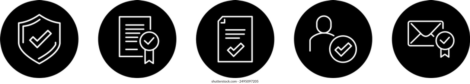Approve Related Simple Set of Vector Line Icons. Contains such Icons as Protection Guarantee, Accepted Document, Black Background. Editable Stroke. Vector Illustration.