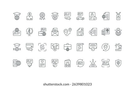 Approve resident certificate, immigrant documents thin black outline symbols vector illustration. Work permit, student and travel visa request and approval status, immigration line icon set.