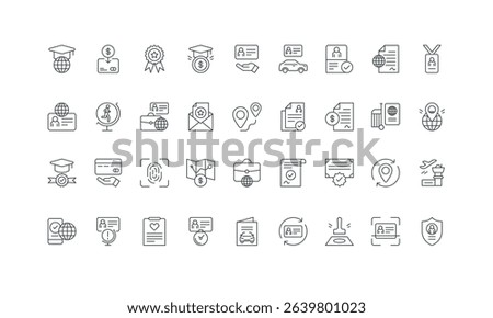 Approve resident certificate, immigrant documents thin black outline symbols vector illustration. Work permit, student and travel visa request and approval status, immigration line icon set.