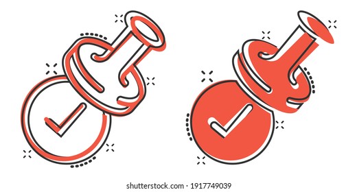 Approve stamp icon in comic style. Accept check mark cartoon vector illustration on white isolated background. Approval choice splash effect business concept.