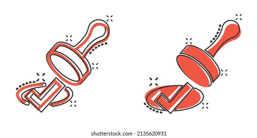 Approve stamp icon in comic style. Accept check mark cartoon vector illustration on white isolated background. Approval choice splash effect business concept.