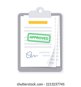 Approve stamp on document paper page, accepted contract. License with accept sign and signature. Agreement, financial report or invoice. Realistic sheet, shadow effect. Paperwork vector illustration