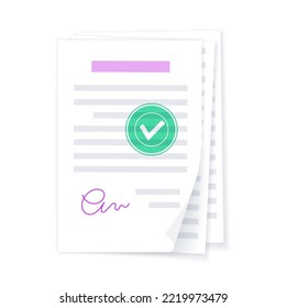 Approve stamp on document paper page, accepted contract. License with accept sign and signature. Agreement, financial report or invoice. Realistic sheet, shadow effect. Paperwork vector illustration