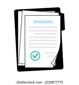 Approve stamp on document paper page, accepted contract on folder. License with accept sign. Agreement, financial report. Realistic sheet, shadow effect. Paperwork concept flat vector illustration.