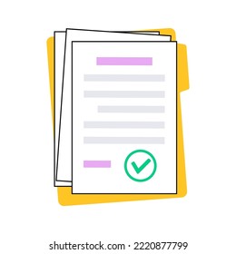 Approve stamp on document paper page, accepted contract on folder. License with accept sign. Agreement, financial report. Realistic sheet, shadow effect. Paperwork concept flat vector illustration.