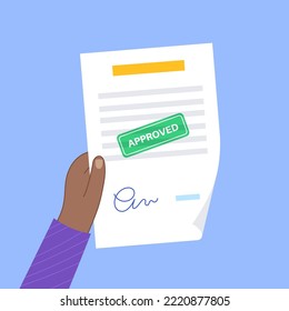 Approve stamp on document paper page, accepted contract on hand. License with accept sign and signature. Agreement or financial report. Realistic sheet, shadow effect. Paperwork vector illustration
