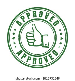 Approve stamp with thumb. Hand and text Approved on seal badge and quality best guaranteed label minimalist vector sign