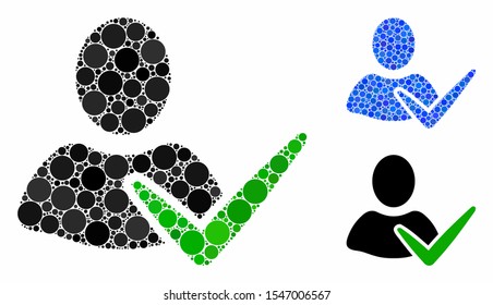 Approve user mosaic of round dots in variable sizes and color tints, based on approve user icon. Vector round dots are organized into blue mosaic. Dotted approve user icon in usual and blue versions.