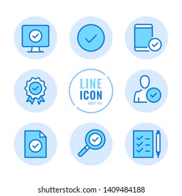 Approve vector line icons set. Quality control, check mark, verification, checkmark outline symbols. Modern simple stroke graphic elements. Round icons