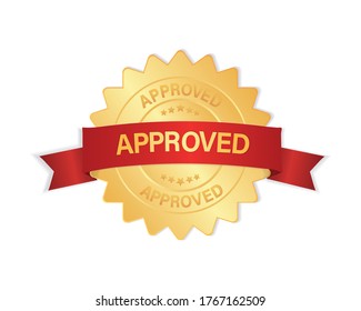 Approved 3d gold badge with red ribbon sign, label isolated on white background.