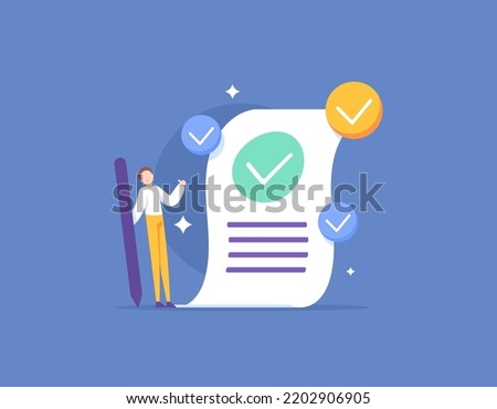 approved, accepted, correct, tick. a man checks a document. file has been approved. assessment and checking. illustration concept design. graphic elements
