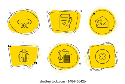 Approved agreement, 360 degrees and Close button signs. Chat bubbles. Seo shopping, Send mail and Group line icons set. Analytics, Sent message, Managers. Signature document. Technology set. Vector