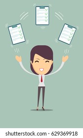 Approved Agreement Allowed Validation Concept. Woman with approved documents. Stock flat vector illustration.