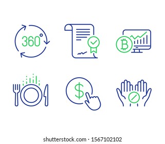Approved agreement, Bitcoin chart and 360 degree line icons set. Buy currency, Food and Medical tablet signs. Verified document, Cryptocurrency statistics, Virtual reality. Money exchange. Vector