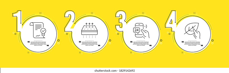 Approved agreement, Breathable mattress and 24h service line icons set. Timeline process infograph. Organic tested sign. Verified document, Sleeping pad, Call support. Paraben. Business set. Vector