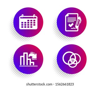 Approved agreement, Decreasing graph and Calendar icons simple set. Halftone dots button. Euler diagram sign. Signature document, Column chart, Business audit. Relationships chart. Vector