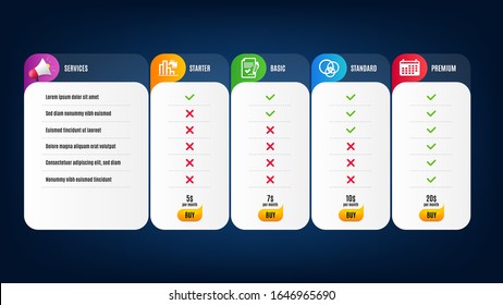 Approved agreement, Decreasing graph and Calendar icons simple set. Price list, pricing table. Euler diagram sign. Signature document, Column chart, Business audit. Relationships chart. Vector