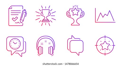 Approved agreement, Diagram and Clock line icons set. Headphones, Messenger and Victory signs. Trophy, Star target symbols. Signature document, Growth graph. Education set. Vector