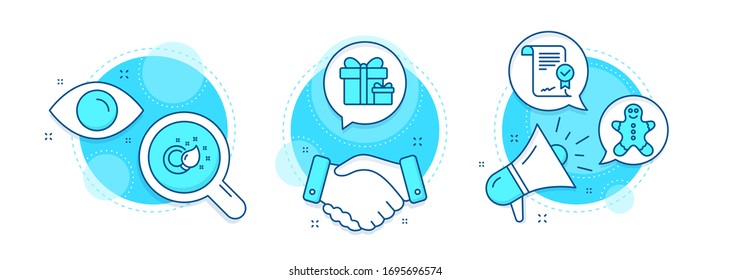 Approved agreement, Gingerbread man and Paint brush line icons set. Handshake deal, research and promotion complex icons. Surprise package sign. Verified document, Christmas cookie, Creativity. Vector