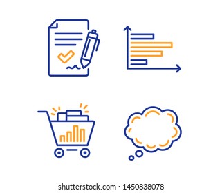 Approved agreement, Horizontal chart and Seo shopping icons simple set. Comic message sign. Signature document, Presentation graph, Analytics. Speech bubble. Technology set. Vector