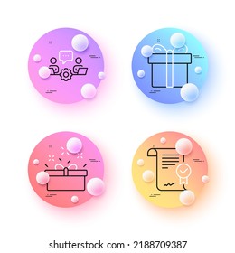 Los iconos de línea mínimos de la caja de regalo y del acuerdo aprobado. botones de esferas o bolas 3d. Iconos de trabajo en equipo. Para web, aplicación, impresión. Documento verificado, oferta de venta, paquete actual. Vector