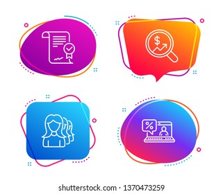 Approved agreement, Women headhunting and Currency audit icons simple set. Online loan sign. Verified document, Women teamwork, Money chart. Discount percent. Business set. Vector