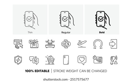 App aprobado, cesta de comestibles e iconos de línea de préstamo de viaje. Paquete de consejos rápidos, puntos de fidelidad, icono de avión. Wifi, termómetro Electrónica, pictograma de seguridad de energía. Código Cvv, cubierta de Smartphone, corazón. Vector