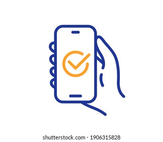 Approved app line icon. Hand hold phone sign. Cellphone with screen notification symbol. Quality design element. Line style approved app icon. Editable stroke. Vector