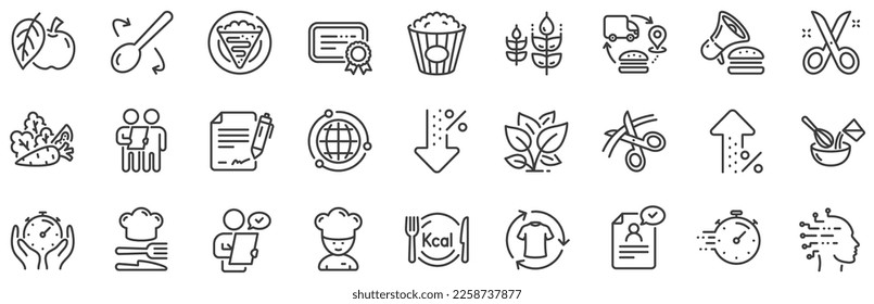 Approved application, Scissors cutting ribbon, Artificial intelligence icons. Chef hat, Customer survey, Fast delivery line icons. Percent decrease, interest rate, contract. Vector