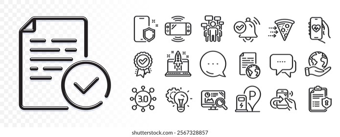 Approved award, Internet document and Food delivery line icons for web app. Glare of light effect. Message icon. Pack of Start business, Compliance, Seo analytics pictogram icons. Vector