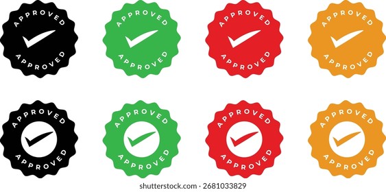 Conjunto de design de vetor de emblema aprovado com ícone de marca de seleção em várias cores