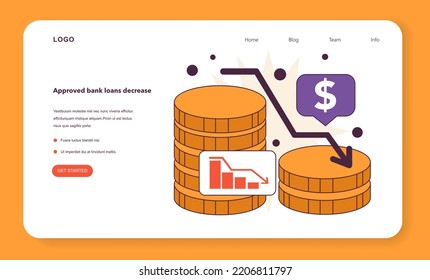 Approved bank loan decrease as a recession indicator web banner or landing page. Rejected credit or loan due to economic slow down or stagnation. Economical activity decline. Flat vector illustration