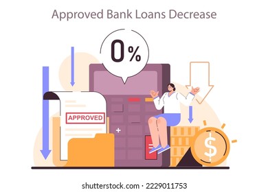 Approved bank loan decrease as a recession indicator. Rejected credit or loan due to economic slow down or stagnation. Economical activity decline sign. Flat vector illustration