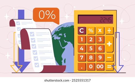 Empréstimo bancário aprovado. Conta grande perto da calculadora. Documento financeiro. Economia, conhecimento financeiro. Contabilidade e orçamento. Ilustração de vetor plano isolada no plano de fundo bege