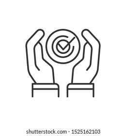 Approved black line icon. Hands holding agreement check mark concept. Sign for web page, mobile app. Vector isolated object. Editable stroke.