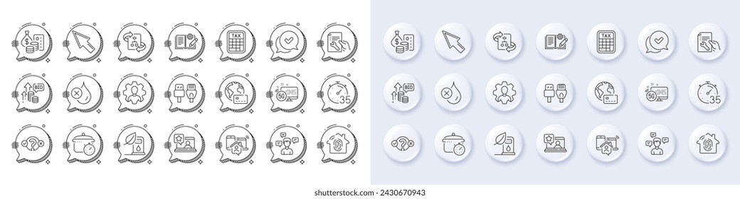 Approved, Boiling pan and Quiz test line icons. White pin 3d buttons, chat bubbles icons. Pack of Repair document, Conversation messages, Technical algorithm icon. Vector