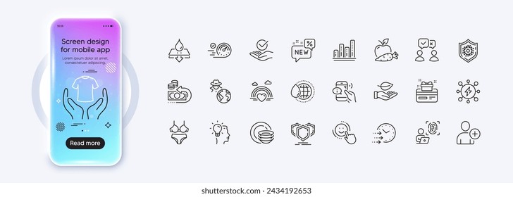Approved, Call center and Idea line icons for web app. Phone mockup gradient screen. Pack of Delivery time, Computer fingerprint, Smile pictogram icons. Hold t-shirt, Add user, Lgbt signs. Vector