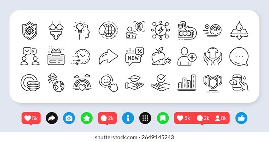 Aprobado, centro de llamadas y paquete de iconos de línea Idea. Redes sociales: compartir, comentar, dar me gusta a los iconos. Tiempo de entrega, huella digital de la computadora, ícono de Web de sonrisa. Sostenga la camiseta, agregue el usuario, pictograma LGBT. Vector