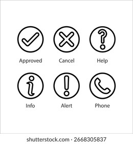 Aprobado, Cancelar, Ayuda, Información, Alerta, Teléfono, Icono, Línea icono Conjunto