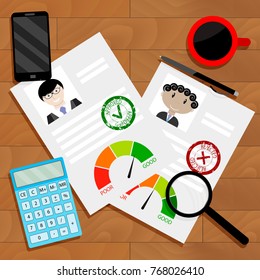 Approved candidate for credit concept. Credit Inspector Workplace. Vector finance approval and rejected for mortgage illustration